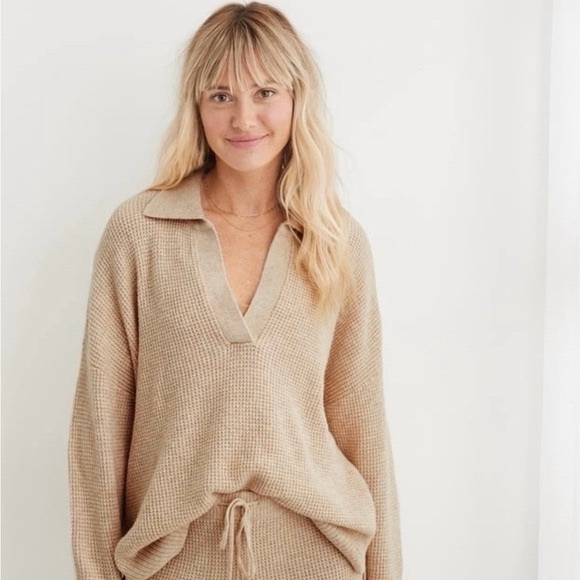 aerie Sweaters - Aerie Cozy Up Waffle Knit Polo Sweater Beige V-Neck Collared Oversized sz Medium